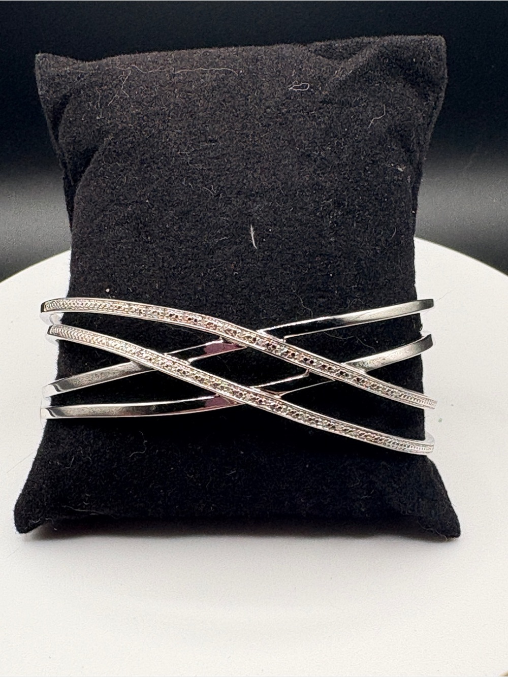 925 Sterling Silver Crossover Cuff Bracelet Diamond Cut & Crystal Accents